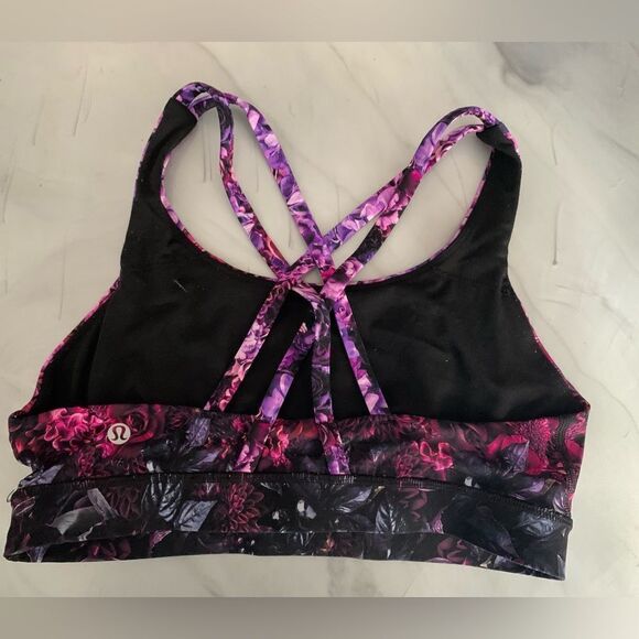 LULULEMON Energy Bra Strappy Sports Bra Black Pink Purple Rose Floral Print 8 - Picture 2 of 4